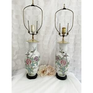 VTG Chinese Porcelain Famille Rose Republic Birds Flowers PAIR 2 Lamps MCM